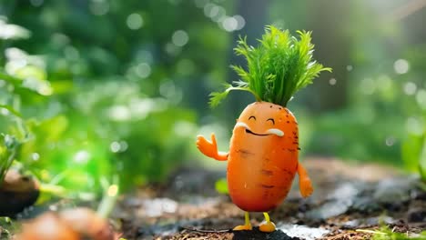 una zanahoria con una cara feliz de pie en el medio de un jardín