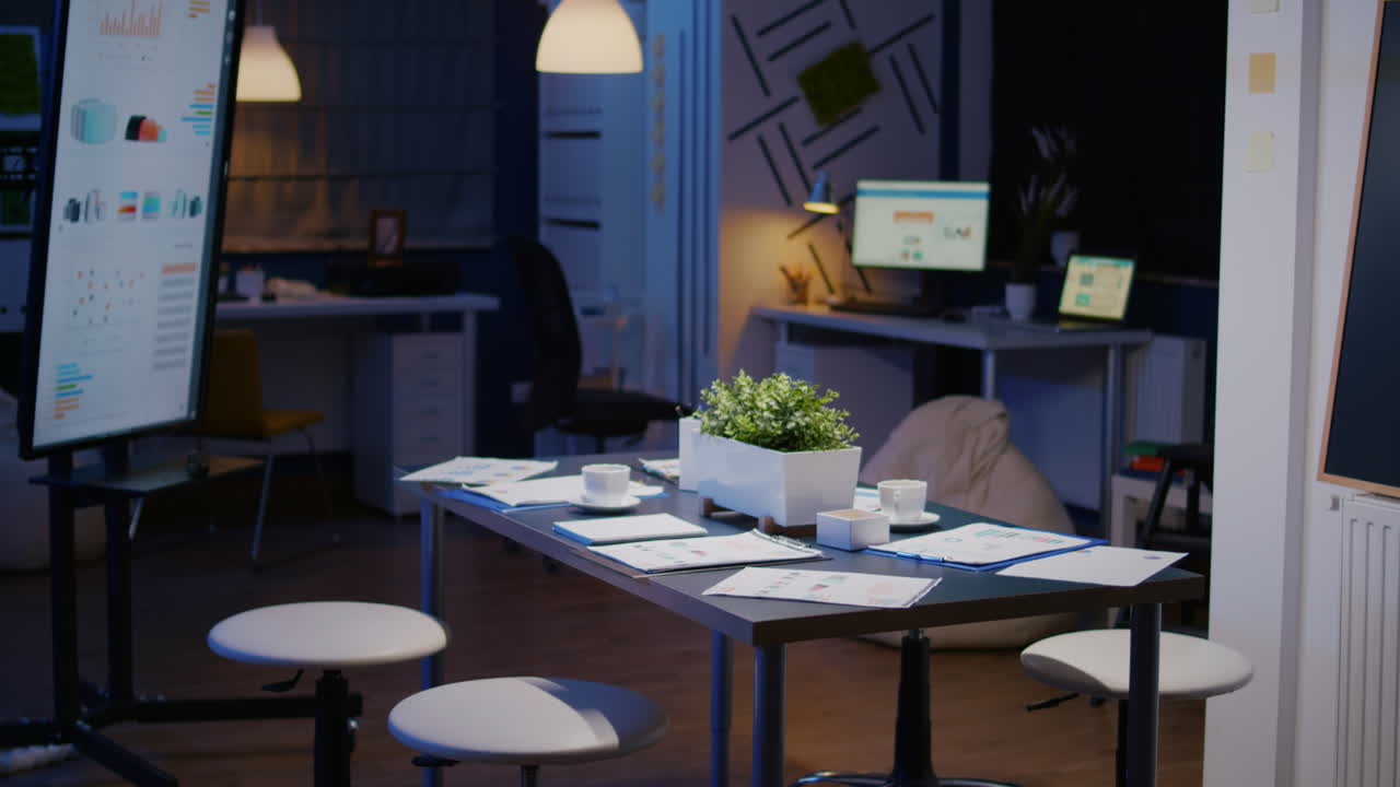 Interior of professional empty start-up business office meeting room with nobody in it