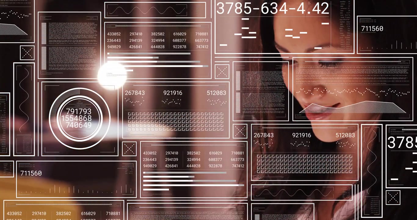 Donna che tocca lo schermo di un tablet e attiva pannelli animati di visualizzazione dati per l'analisi finanziaria.