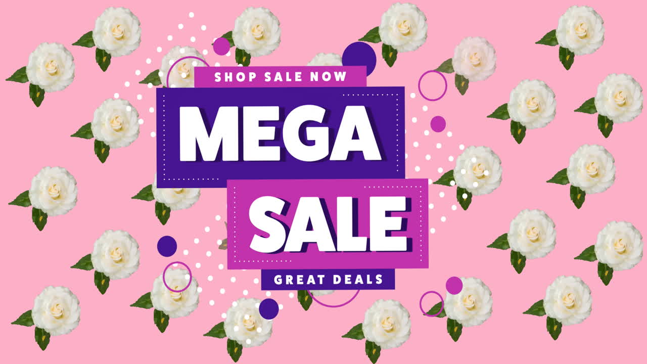 배경에 배너와 꽃 위에 메가 판매 텍스트의 애니메이션