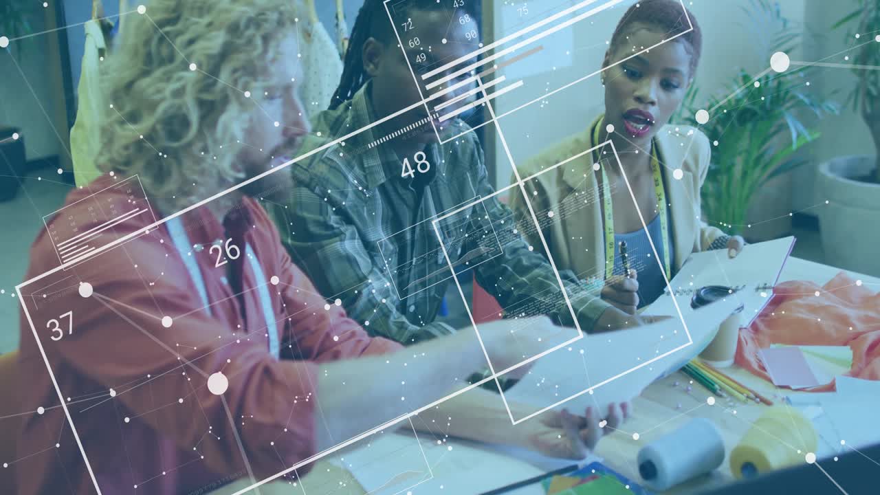 Left man sliding document and leading team reviewing design with animated grids highlighting codes