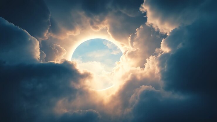 Ampliamento dello spazio circolare centrale, che si allarga mentre la luce del sole illumina i bordi delle nuvole, rivelando il cielo azzurro