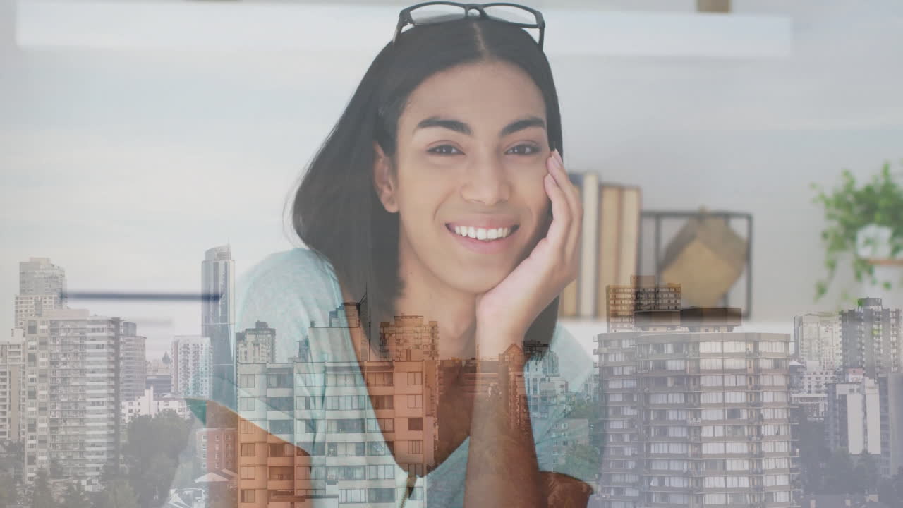 Smiling woman with glasses on head over cityscape animation