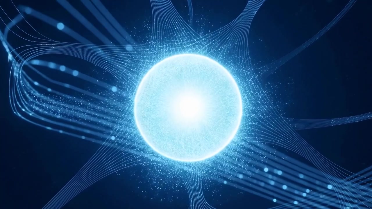 Bright cyan white orb centered in dark blue space emits strong radial glow, dense particle halo, and translucent flowing ribbons formed from fine parallel lines and glowing nodes, with orb, sphere