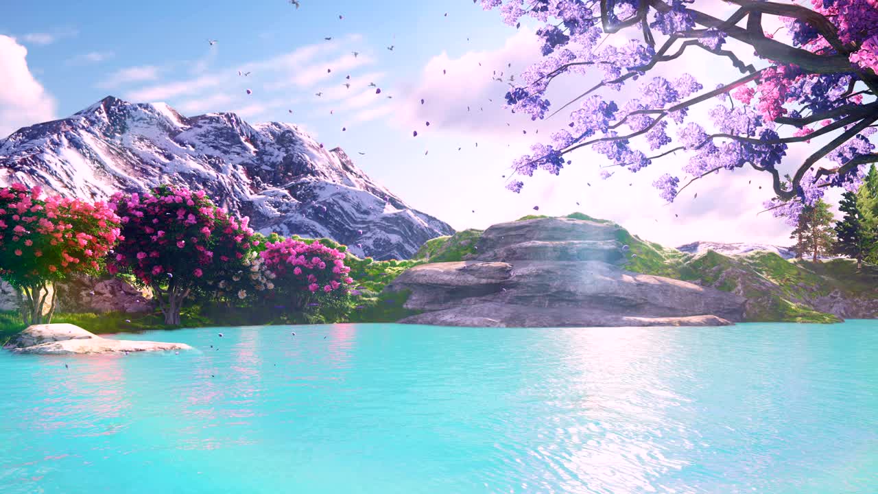 산과 호수를 배경으로 봄에 꽃이 피는 사쿠라, 여행과 모험, 잃어버린 땅의 놀라운 풍경, 아름다운 자연 루프 배경.