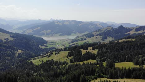 aerial panorama on serene mountain valley and sihlseee lake in switzerland