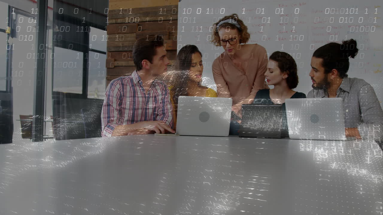 Binary code and data processing animation over diverse business team collaborating