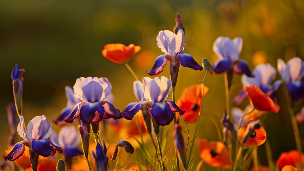 Eng med lilla iris og røde valmuer badet i varmt gyllent lys. Nærbilde av blomstrende iris og valmuer som svaier