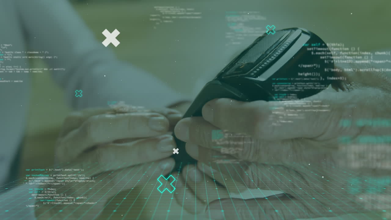 하 ⁇  십자가가 떠다니는 파란색 데이터 프로세싱의 애니메이션 백인 여성 지불