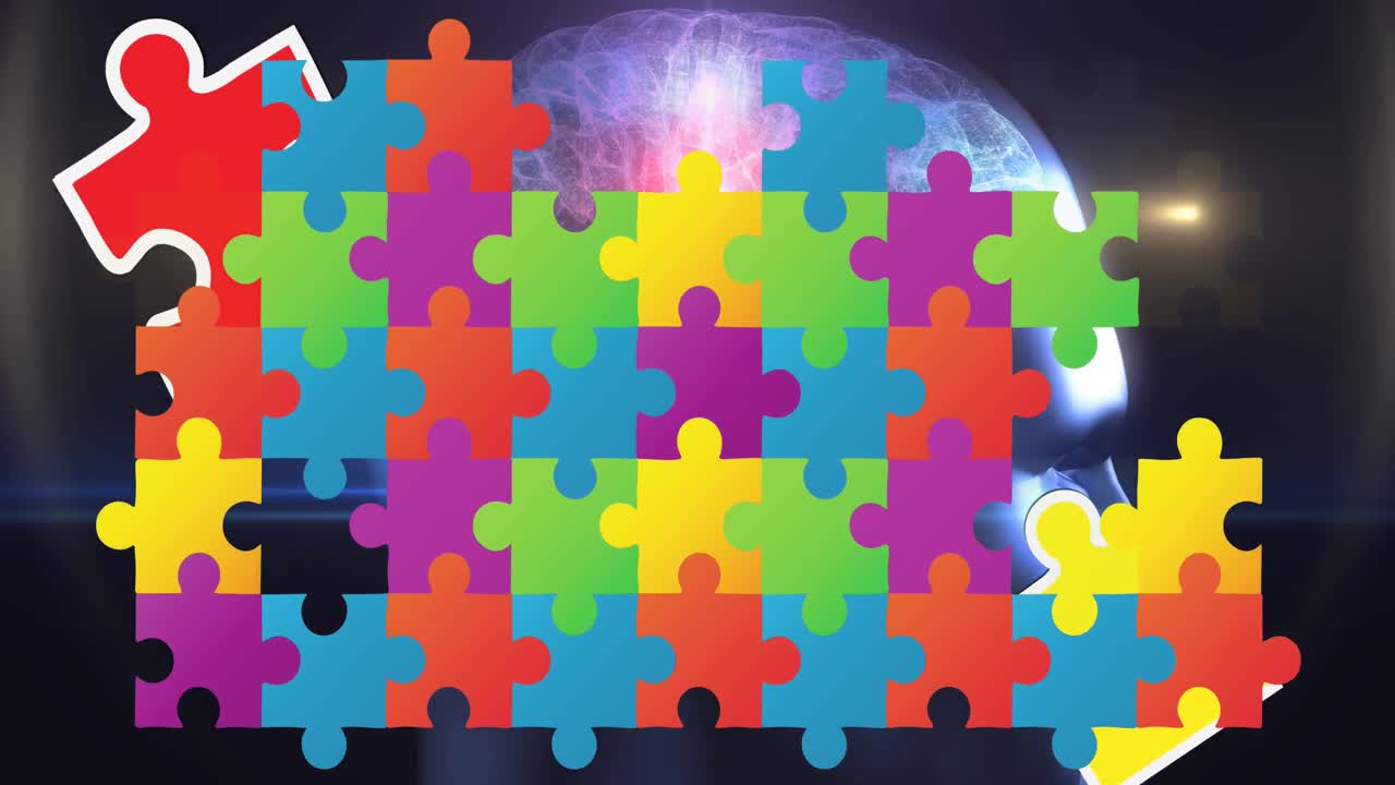 인간 머리 위 에 있는 다채로운 퍼즐 조각 들 의 애니메이션