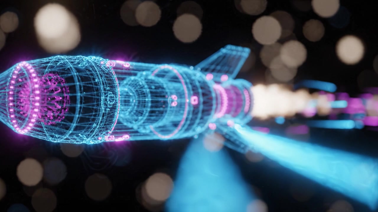 Futuristic Rocket Launching into Space: A Stunning 3D Visualization of Advanced Technology and Cosmic Travel with Colorful Light Trails and Bokeh Effects
