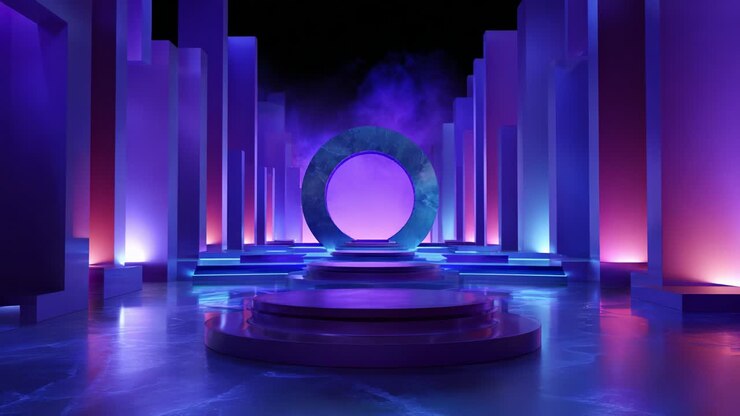 En fascinerende scene med en stor, cirkelformet portal placeret i et blændende miljø oplyst af livlig lilla og blå belysning, der skaber en æterisk atmosfære, som er perfekt til en mystisk rejse eller stor afsløring.