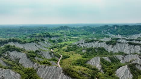 Panorama-wide-shot-of-Tianliao-Moon-World-田寮月世界-with-epic-landscape-and-path-during-sunny-day,-Taiwan