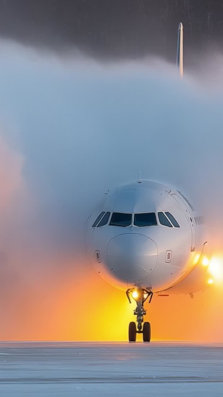 Spettacolare Rimozione della Neve: Uno Spazzaneve Libera la Pista per il Decollo dell'Aereo Tra la Nebbia Avvolgente e il Potente Getto dei Motori in Condizioni Invernali