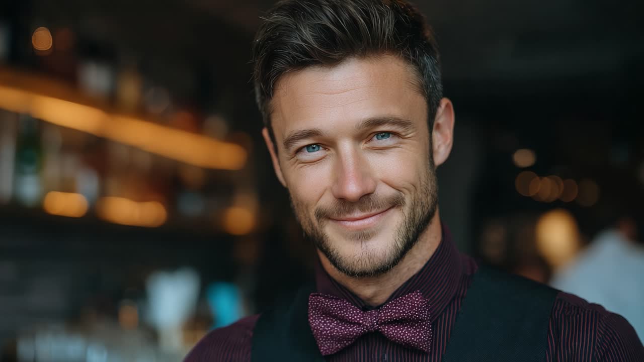 A charming young man in a stylish bow tie and vest flashes a warm smile, exuding confidence and sophistication in a cozy bar setting, perfect for social gatherings