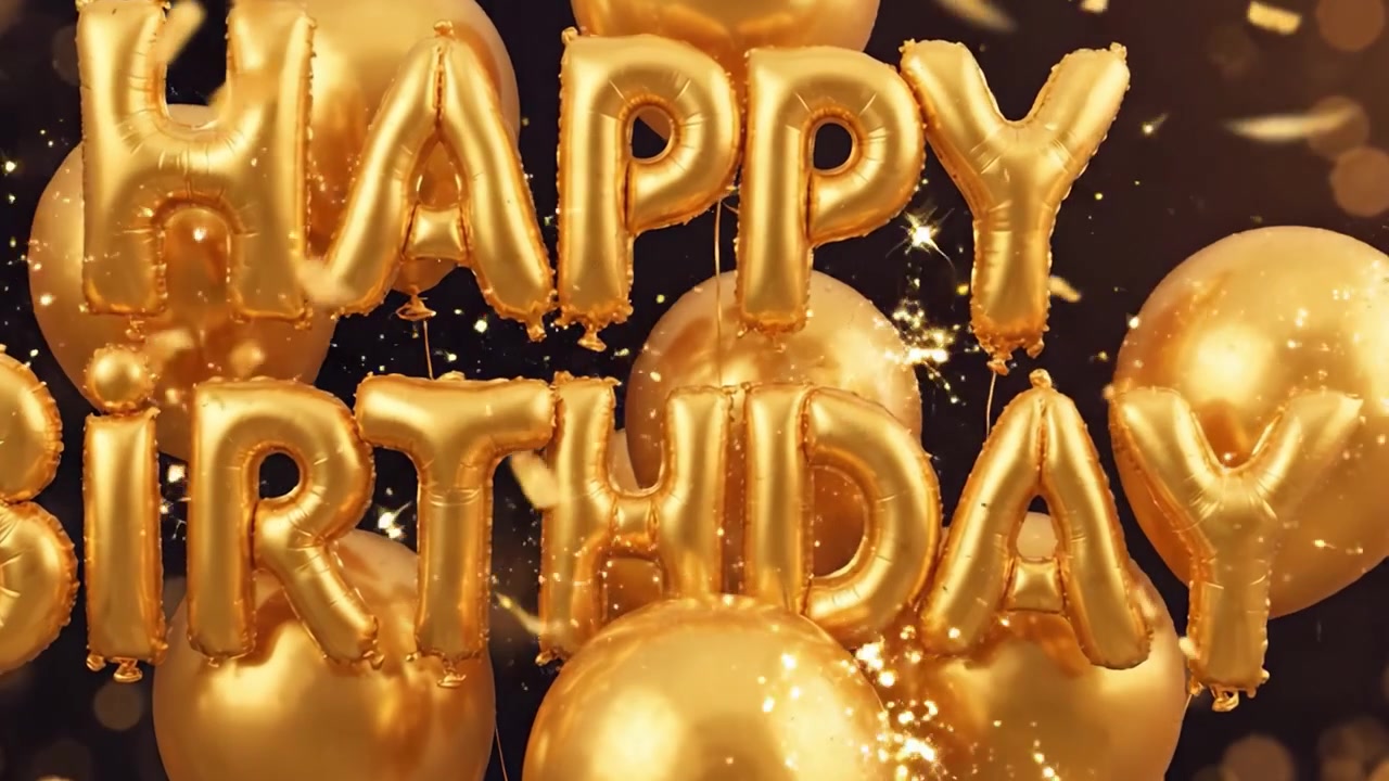 Allestimento Festivo per Celebrazioni con Palloncini Dorati e un Allegro Messaggio 'Buon Compleanno', Catturato Perfettamente in un'Atmosfera Scintillante e Gioiosa per Occasioni Speciali