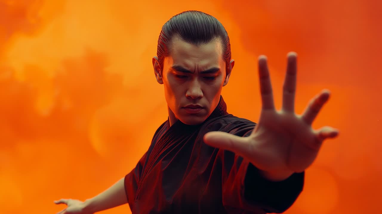 Shifting weight leading martial artist executing guard block in studio, with black gi, orange haze