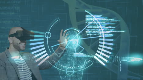 using vr headset, man interacting with holographic interface over digital dna strand