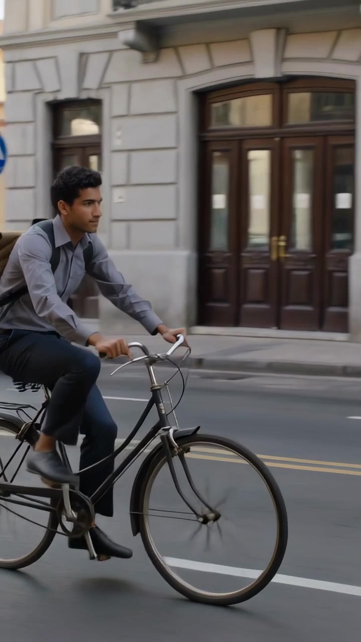 Vertical video: Pedaling bicyclist following green signal, crossing city crosswalk with backpack