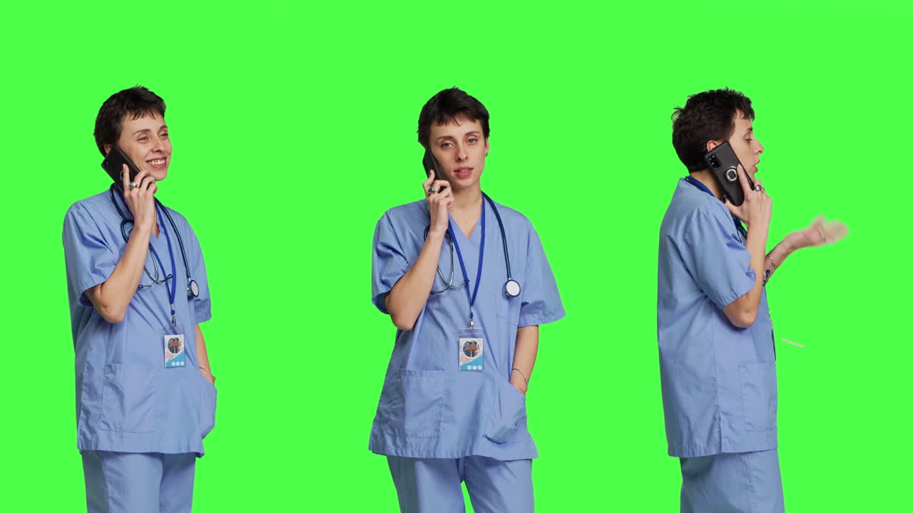건강 전문가가 스마트폰을 사용하여 중요한 전화를 합니다.