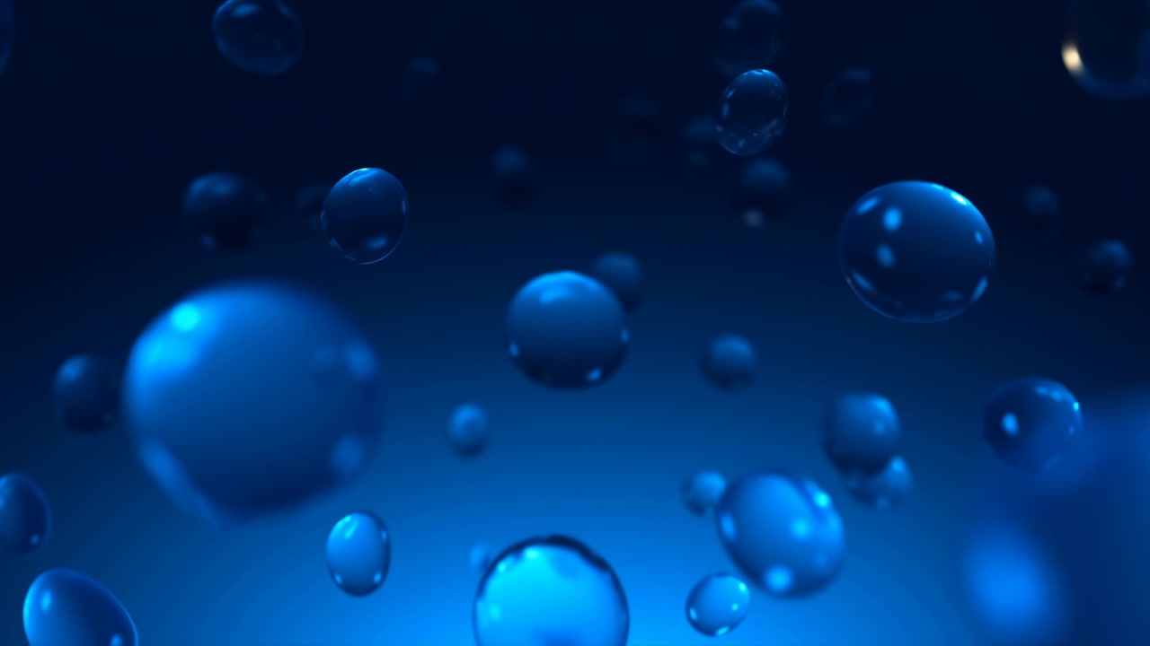 Burbujas azules flotando en la oscuridad, escena submarina relajante con esferas brillantes flotando hacia la cámara, suave