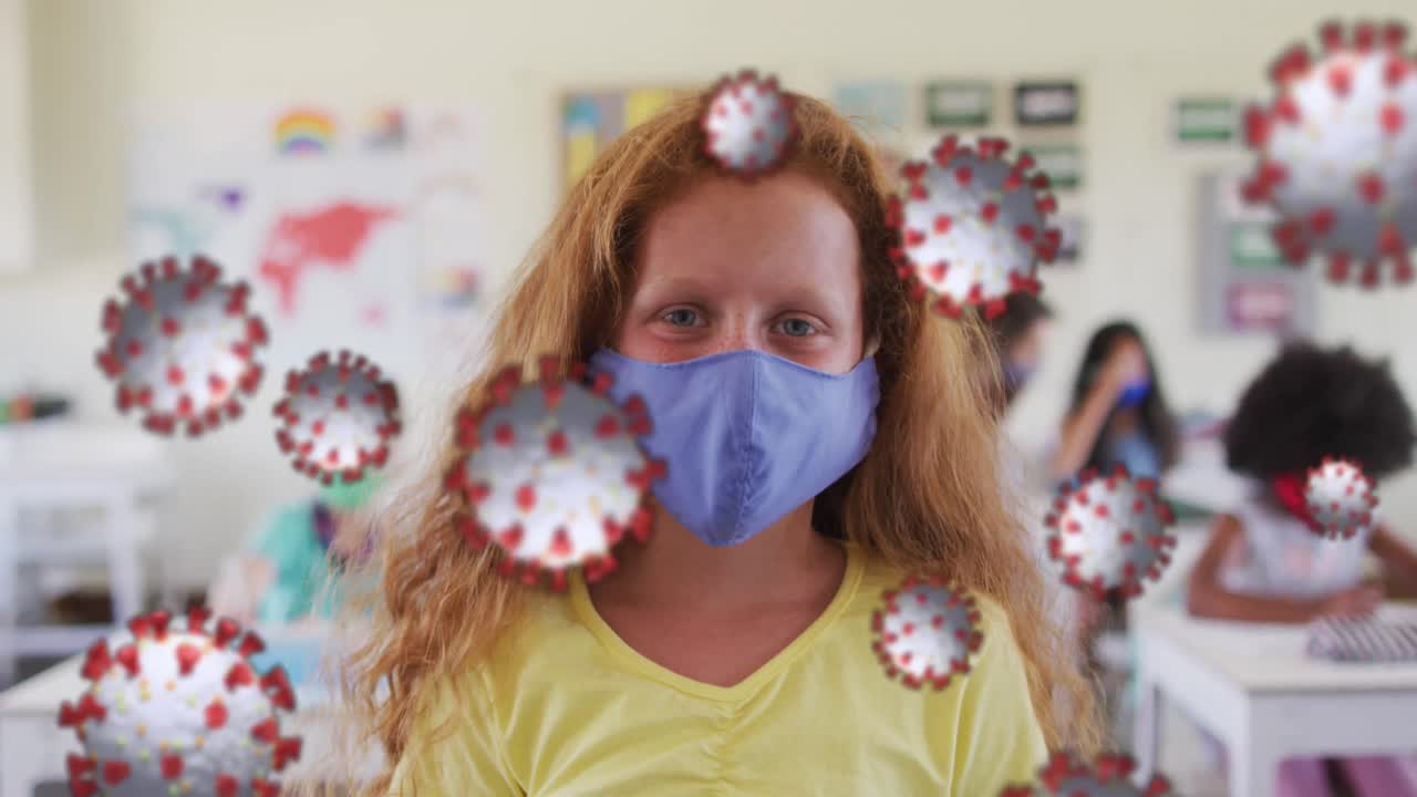 animación de células flotantes de covid-19 y una escolar en clase con máscara facial