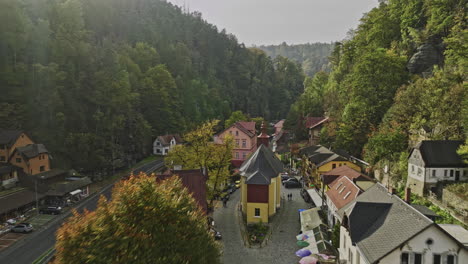 hrensko czechia aerial v8 low drone flyover small quaint village town along kamenice narrow gorge leading to elbe river capturing lush green forest environment - shot with mavic 3 cine - november 2022