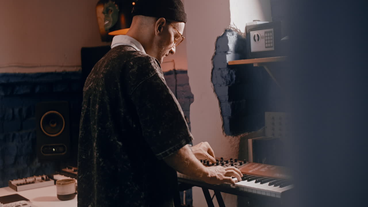 Musician Playing Keyboard in a Home Studio