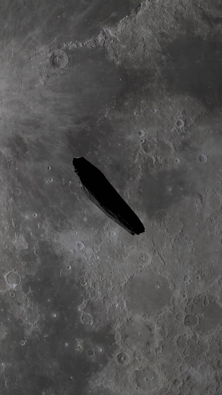 Vertical Video of Oumuamua Asteroid Interstellar Comet Visitor to Solar System Passing by the Moon with Crater Details Visible. 3D Science Space Animation.