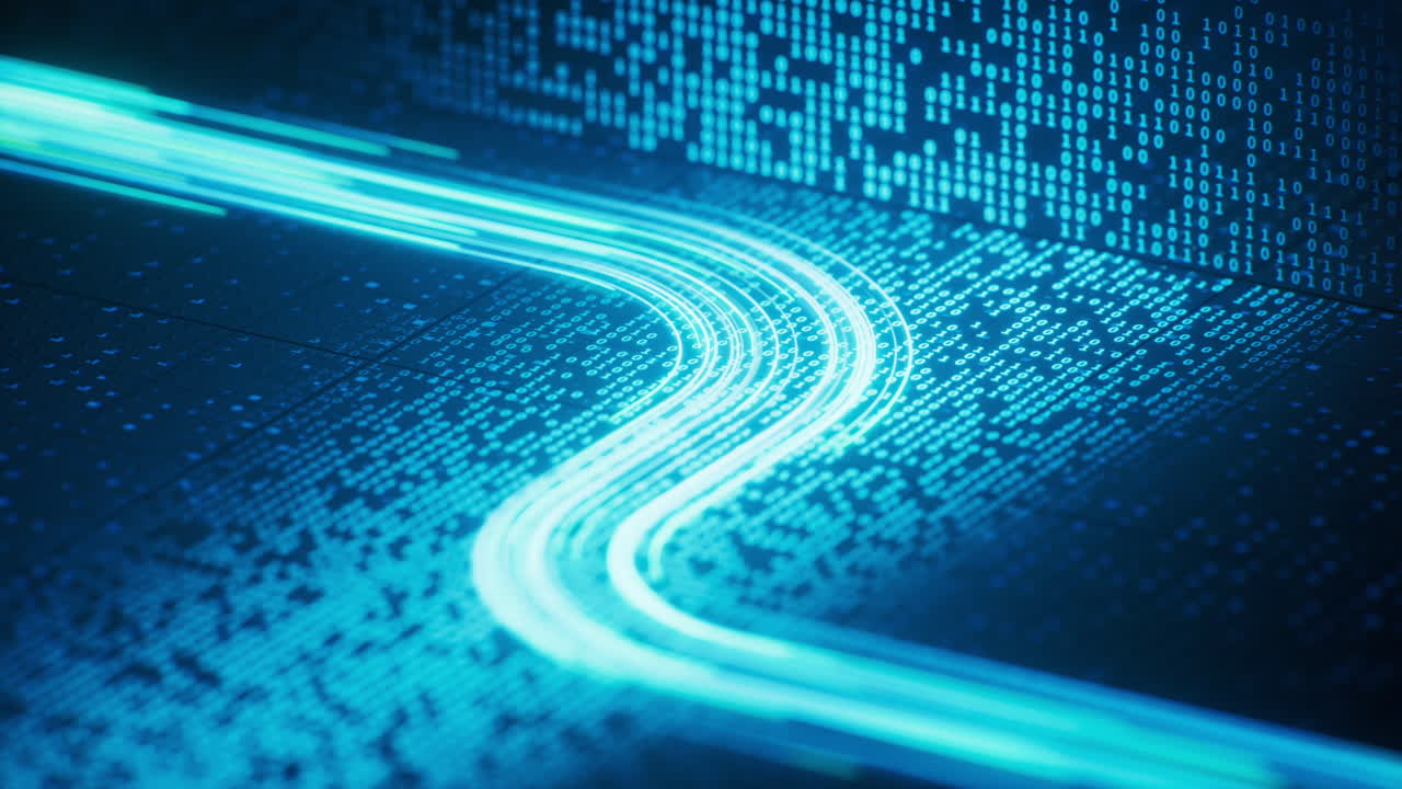 Flowing neon lines with binary data background, 3d rendering