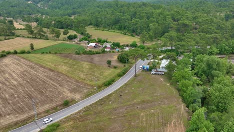 aerial view of a rural village and surrounding farmlands