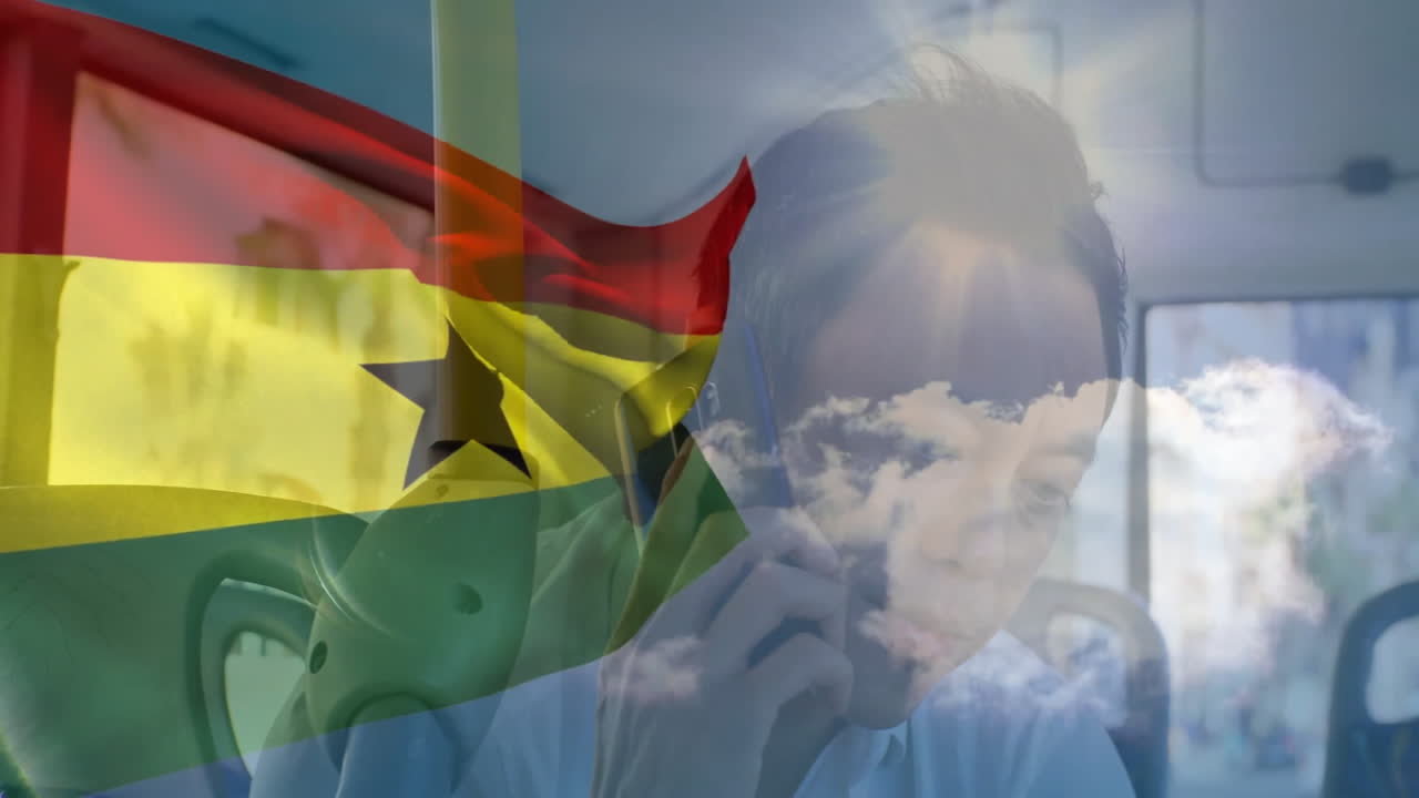 Ghana flag waving, person talking on phone with cloudy sky animation overlay