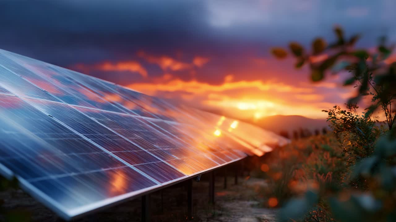 Splendidi pannelli solari illuminati da un vivace tramonto su uno sfondo di nuvole e natura spettacolari, a simboleggiare l'energia rinnovabile e il progresso ambientale
