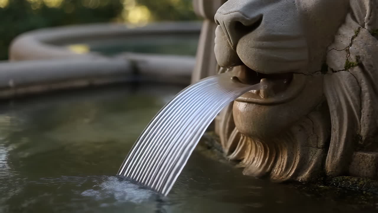 Lion Head Fountain with Flowing Water
