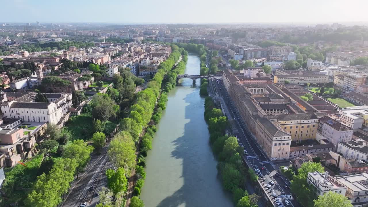 Tiber River At Rome In Lazio Italy. Cultural Heritage. Beautiful Cityscape. Tiber River At Rome In Lazio Italy. Medieval Landscape. Coastal Riverside. Rome Skyline.