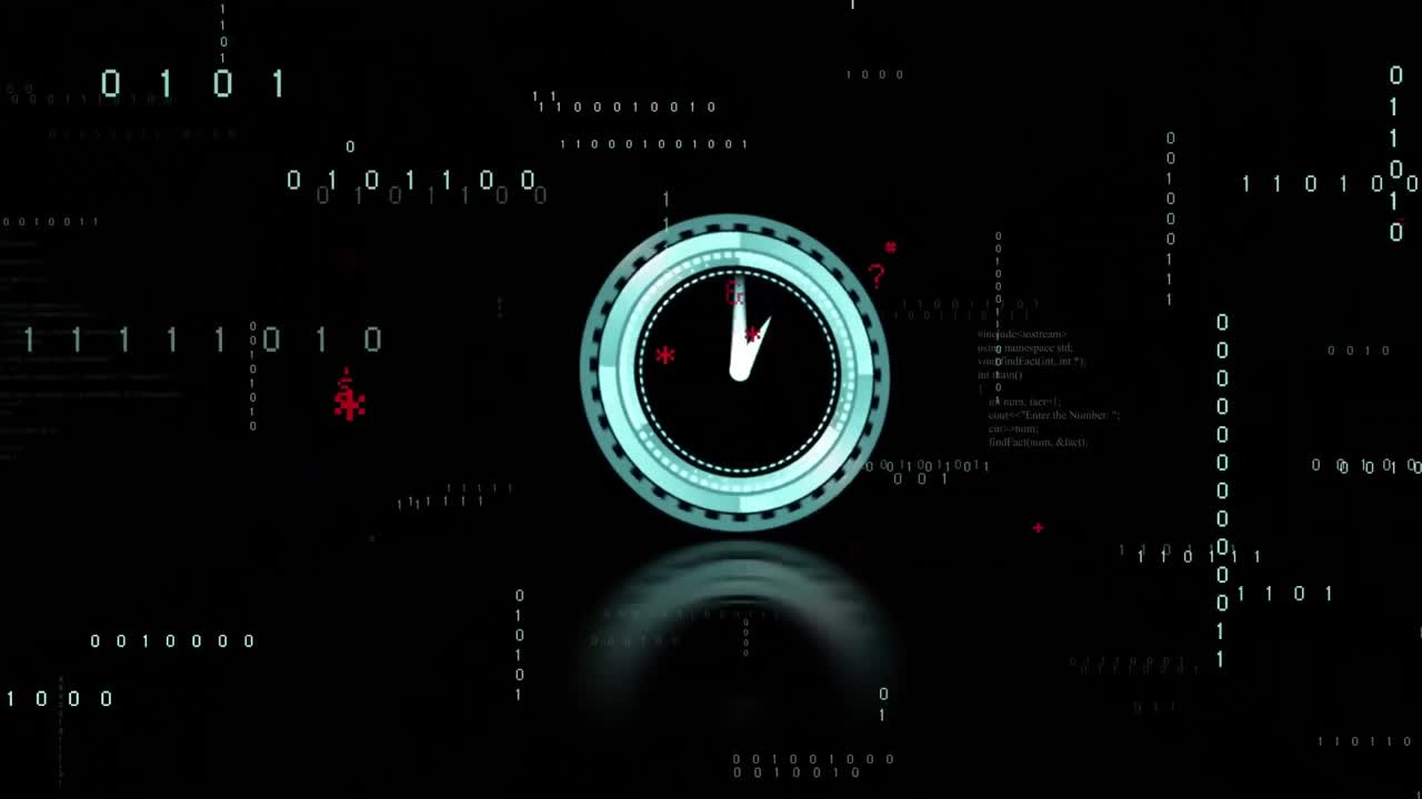 Animation of data processing and clock ticking over dark background