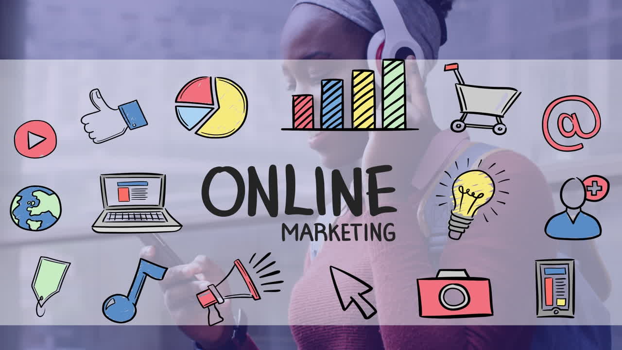 Animation of online marketing text over happy african american businesswoman using smartphone