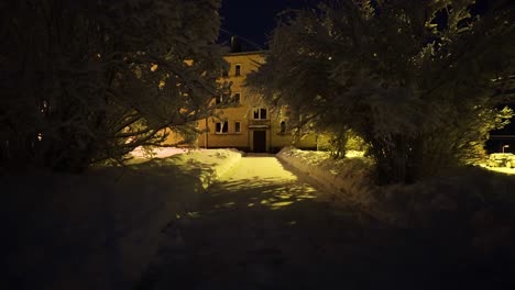 Straßenlaternen-Beleuchten-Die-Schneebedeckte-Straße-Im-Schneesturm