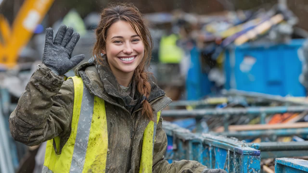A Cheerful Worker in a Safety Vest Waves Happily Amidst a Recycling Facility, Showcasing Enthusiasm and Dedication in an Industrial Environment