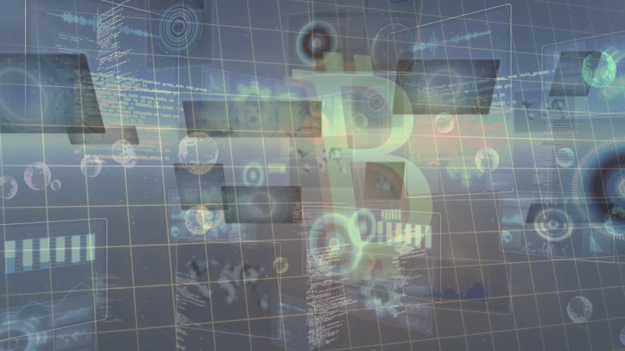 animación de bitcoin sobre el fondo con burbujas y procesamiento de datos