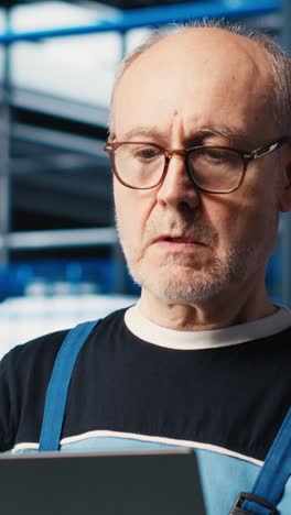vertical video smart factory senior engineer uses laptop to oversee operation of robotic arms