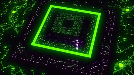 close-up of a glowing green circuit board with a cpu in the center