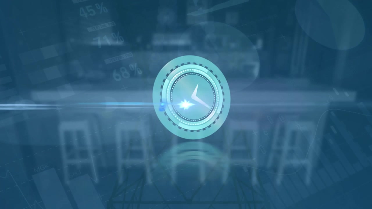 Animation of clock over digital interface over cityscape