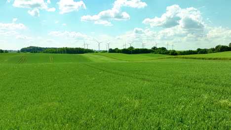 Aerial---Expansive-green-field-with-wind-turbines-in-the-distance-under-a-bright-blue-sky-with-scattered-clouds---low-pass