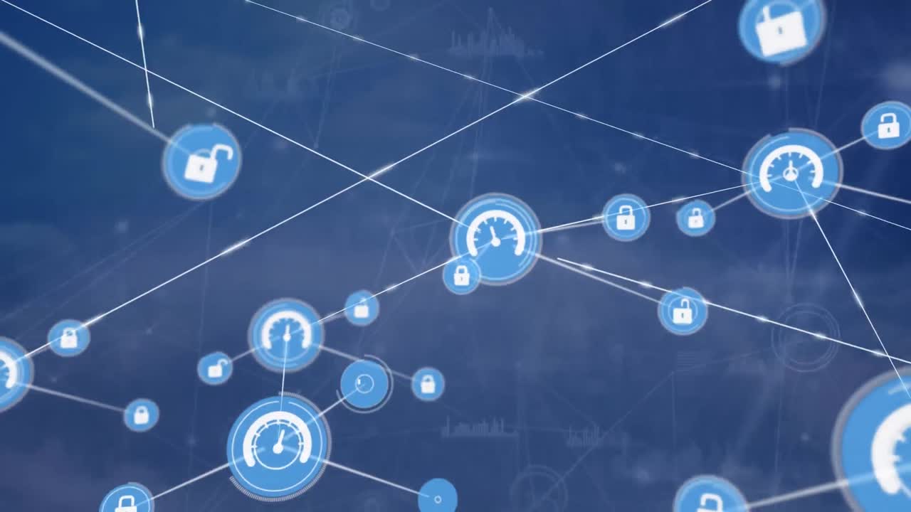 Animation of circuit board network of connections with digital icons