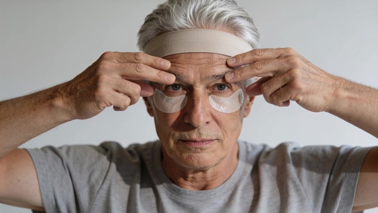 Mani che sistemano una fascia beige, levigano e rimuovono cerotti per gli occhi, a casa, indossando una maglietta grigia.