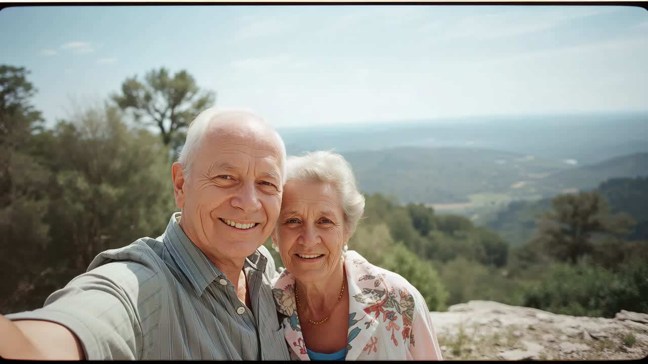 Man extending arm, senior couple posing for selfie on rocky overlook holding phone in striped shirt