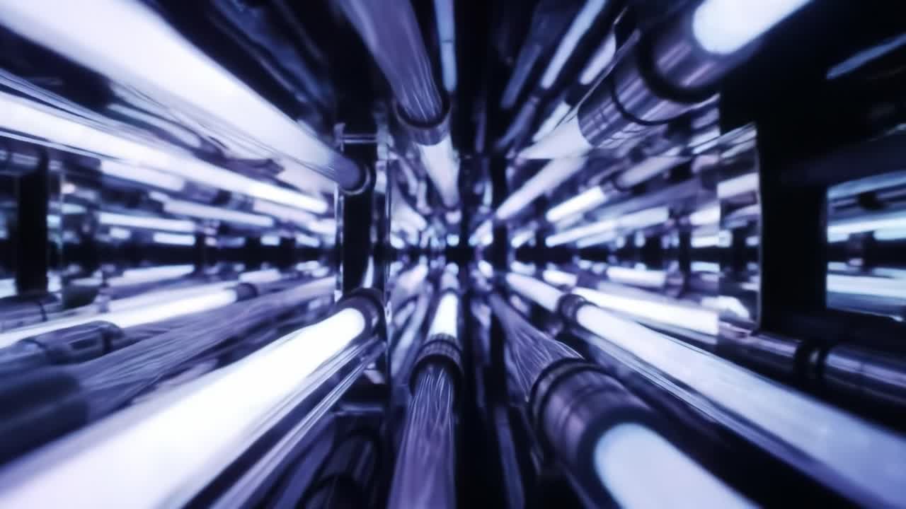 Experience a dynamic journey through a multitude of blue light tubes that pulse and stretch, creating an immersive environment. The vibrant colors and patterns captivate and inspire wonder.