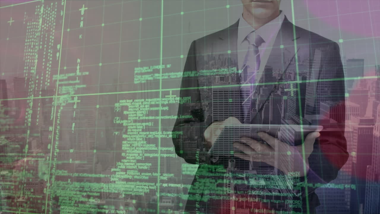 animación del procesamiento de datos sobre un hombre de negocios caucásico con una tableta