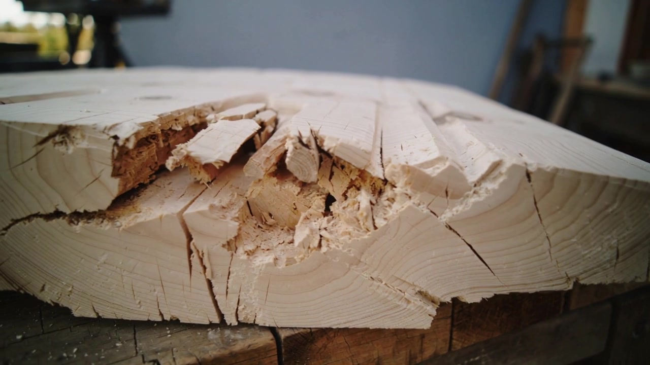 Telecamera che si sposta rivelando una lastra di legno chiaro su un banco da lavoro, esponendo un'incisione e segatura per l'ispezione.